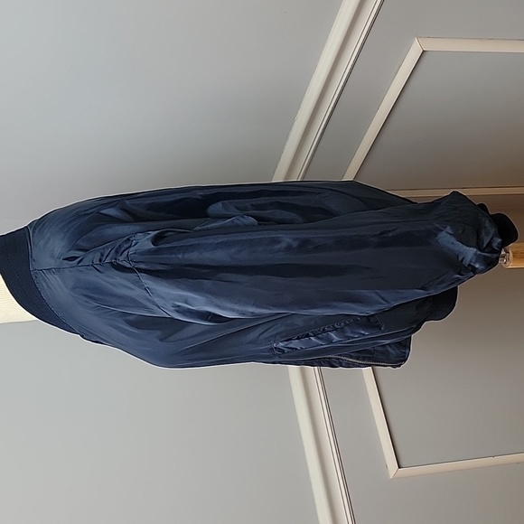 STAGECOACH Print Old Money Reversible Navy Blue Satin Zip Preppy Bomber Jacket - Picture 5 of 9